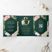 Blozend Roze Bloemig Smaragdgroen QR Code Trouwen Drieluik Uitnodiging (Binnen)