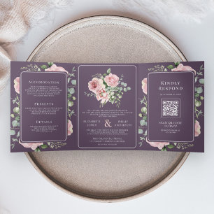 Blozend Roze Bloemige Eucalyptus Stof Paarse Huwel Drieluik Uitnodiging