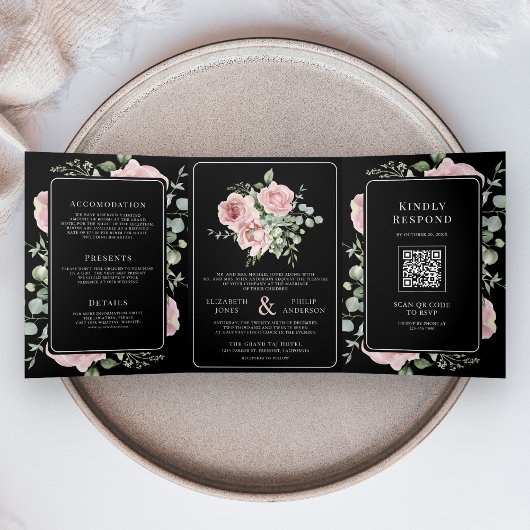 Blozend Roze Bloemige Eucalyptus Zwarte QR Code Tr Drieluik Uitnodiging