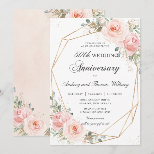 Blozend Roze Bloemige Geometrische Huwelijksverjaa Kaart (Voorkant / Achterkant)