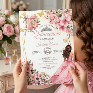 Blozend Roze Bloemige Gouden Vlinders Quinceañera Kaart