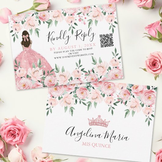 Blozend Roze Bloemige Quinceanera QR Code RSVP Kaartje