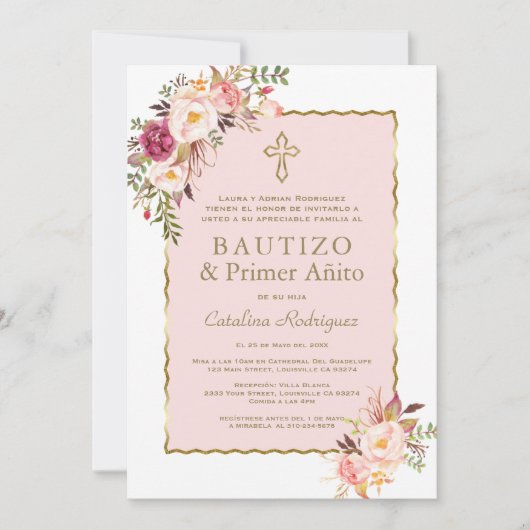 Blozend Roze Bloemige Spaanse 1e Verjaardag & Doop Kaart (Voorkant)