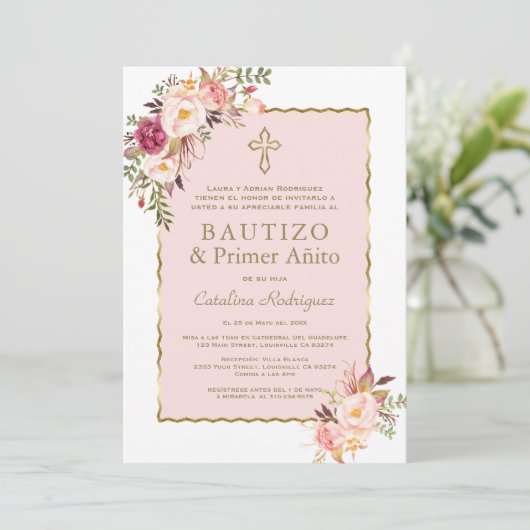Blozend Roze Bloemige Spaanse 1e Verjaardag & Doop Kaart (Staand voorkant)