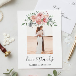 Blozend Roze Bloemige Trouwfoto Liefde en Dank Briefkaart