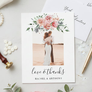 Blozend Roze Bloemige Trouwfoto Liefde en Dank Briefkaart