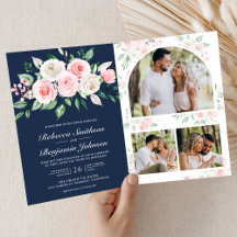 Blozend Roze Bloemmotief Marineblauw QR Code Trouw