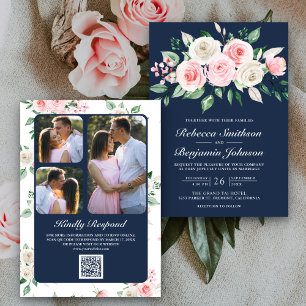 Blozend Roze Bloemmotief Marineblauw QR Code Trouw Kaart