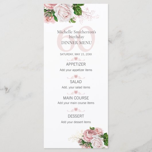 Blozend Roze Bloemrozen Wit 60e Verjaardag Menu (Voorkant)