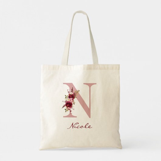 Blozend Roze Bourgondië Letter N Bloemmotief Tote Bag (Achterkant)