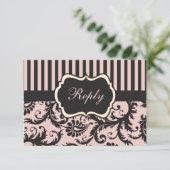 Blozend Roze, Crème, Grijs Gestreepte Damast Antwo Kaart (Staand voorkant)