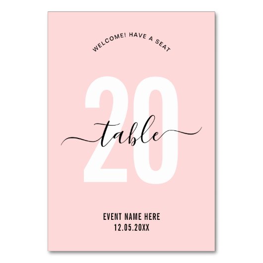 Blozend Roze Elegante Script Moderne Tafel Nummer Kaart (Voorkant)