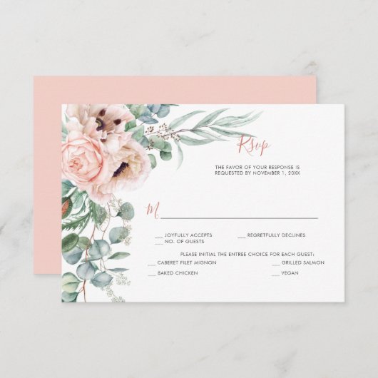 Blozend Roze en Ivoor Poppy's, Eucalyptus, Groenbl RSVP Kaartje (Voorkant / Achterkant)