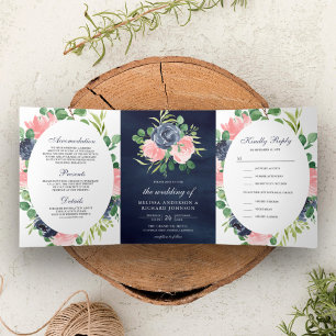 Blozend Roze en Marineblauw Bloemendesign 3 in 1 T Drieluik Uitnodiging