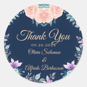 Blozend Roze en Marineblauw Bloemig Elegant Modern Ronde Sticker