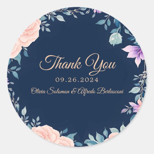 Blozend Roze en Marineblauw Bloemig Elegant Modern Ronde Sticker (Voorkant)