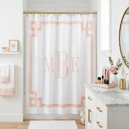 Blozend Roze en Witte Griekse Sleutel | Monogram Douchegordijn