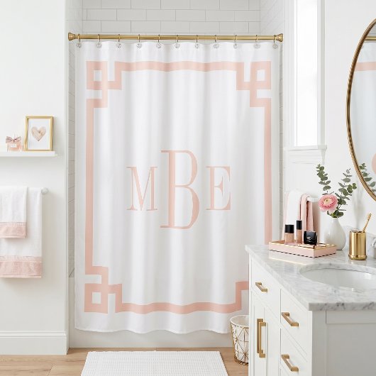 Blozend Roze en Witte Griekse Sleutel | Monogram Douchegordijn