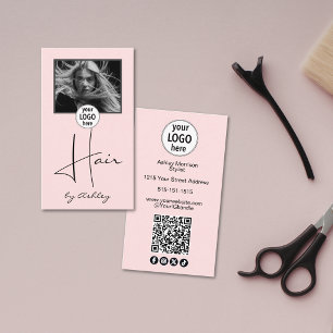 Blozend Roze Foto Script Haar Logo QR Code Sociaal Visitekaartje