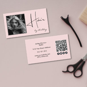 Blozend Roze Foto Zwarte Script Haar QR Code Socia Visitekaartje