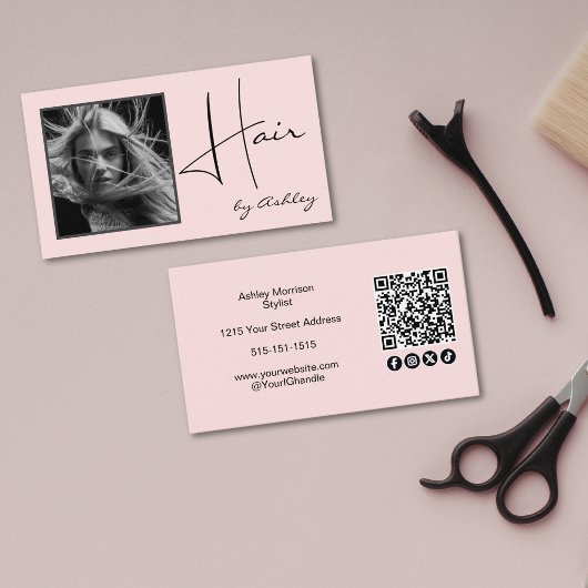 Blozend Roze Foto Zwarte Script Haar QR Code Socia Visitekaartje