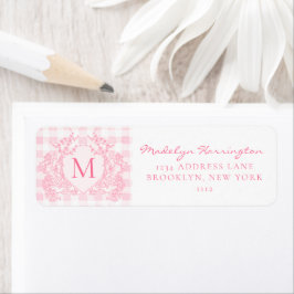 Blozend Roze Gingham Bloemenkroon Monogram Adres Etiket