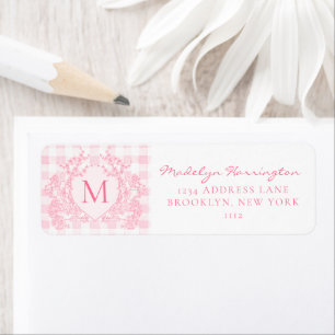 Blozend Roze Gingham Bloemenkroon Monogram Adres Etiket