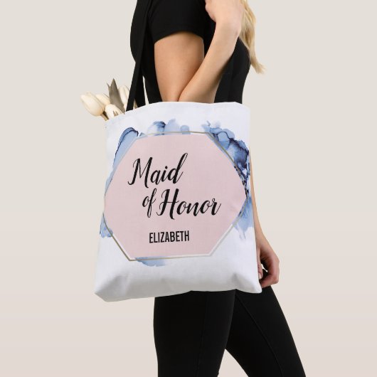 Blozend Roze Goud Blauw Aquarel Trouwmeisje Tote Bag (Dichtbij)