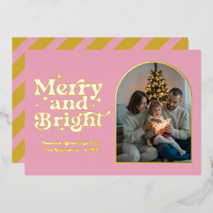 Blozend Roze & Goud Modern Retro Kerst Foto Folie Feestdagenkaart