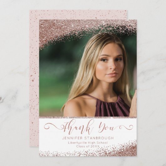 Blozend Roze Goud Nep Glitters Afstudeer Bedankt Aankondiging (Voorkant / Achterkant)