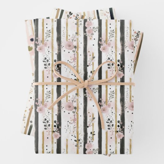 Blozend Roze Goud Zwart Bloemen Strepen Haar Verja Inpakpapier Vel (In situ)