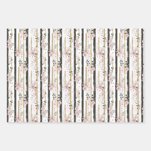 Blozend Roze Goud Zwart Bloemen Strepen Haar Verja Inpakpapier Vel (Voorkant)