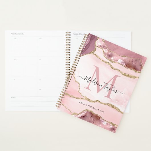 Blozend Roze Gouden Agaat Geode Monogram Schrift N Planner (Display)