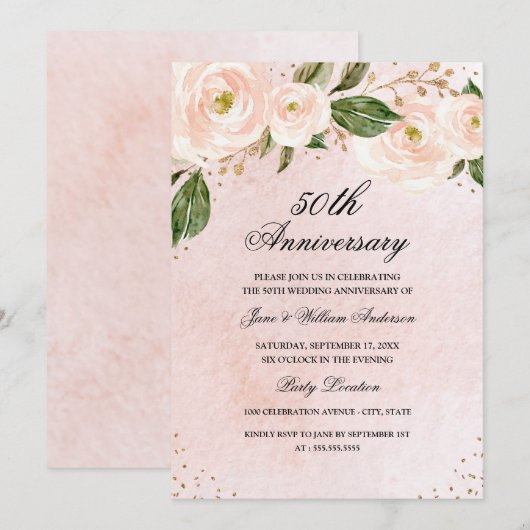 Blozend Roze Gouden Bloemige Verjaardag Kaart (Voorkant / Achterkant)