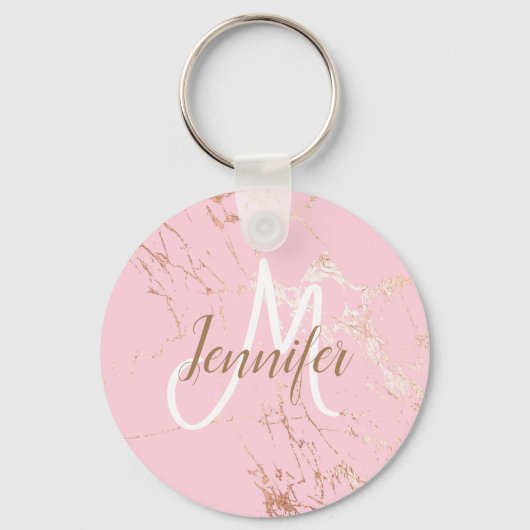 Blozend Roze Gouden Meisjesachtig Schrift Monogram Sleutelhanger (Voorkant)