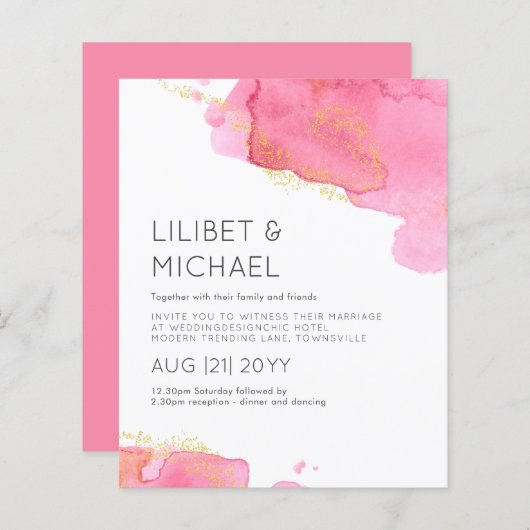 Blozend Roze Gouden Moderne BUDGET Trouw Uitnodigi (Voorkant / Achterkant)