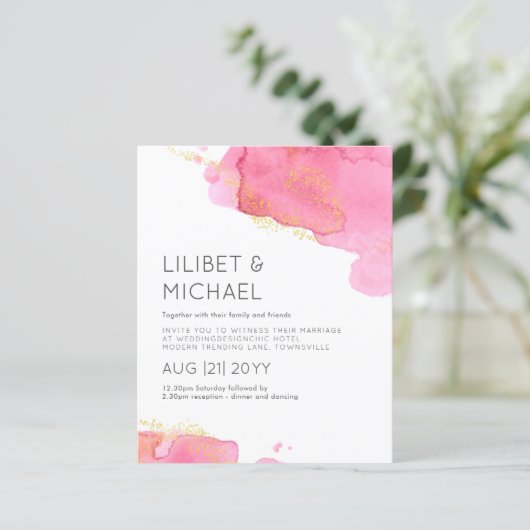 Blozend Roze Gouden Moderne BUDGET Trouw Uitnodigi (Staand voorkant)