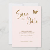 Blozend Roze & Gouden Schrift met Glitter Vlinder Save The Date (Voorkant)