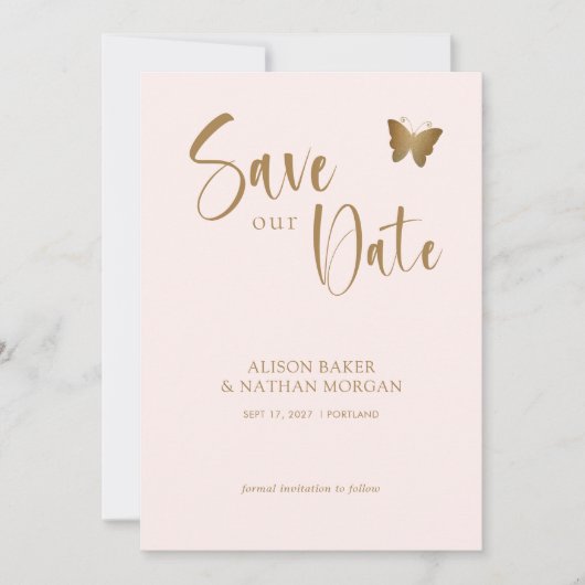 Blozend Roze & Gouden Schrift met Glitter Vlinder Save The Date (Voorkant)