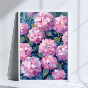 Blozend Roze Hortensia Bloemschildering in Waterve Poster
