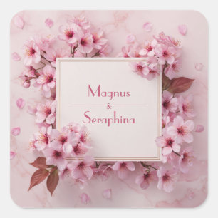 Blozend Roze Kersenbloesem Gouden Marmeren Bruilof Vierkante Sticker