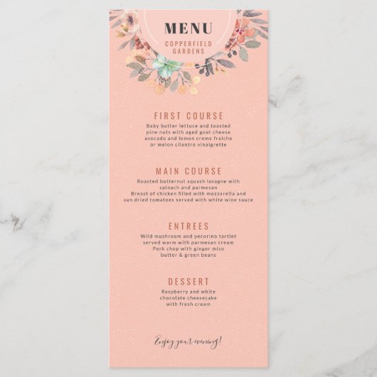 Blozend Roze Koper Aquarel Bloemige Chic Bruiloft Menu (Voorkant)