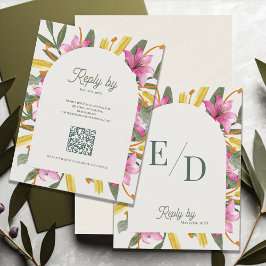 Blozend Roze Lelie Gebogen RSVP Kaart met QR Code
