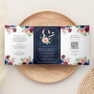 Blozend Roze Marine Burgundy Bloem QR Code Bruilof Drieluik Uitnodiging