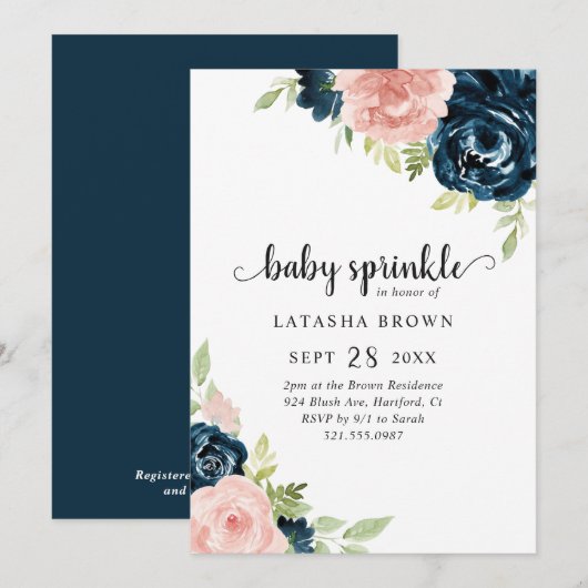 Blozend Roze Marineblauw Bloem Meisje Baby Sprinkl Kaart (Voorkant / Achterkant)