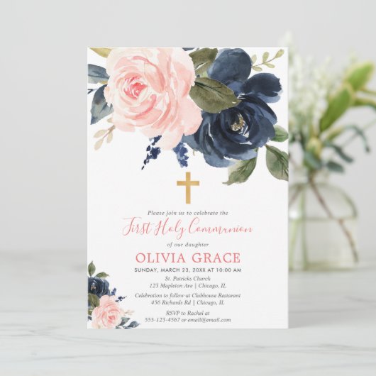 Blozend roze marineblauw bloemmotief eerste heilig kaart (Staand voorkant)