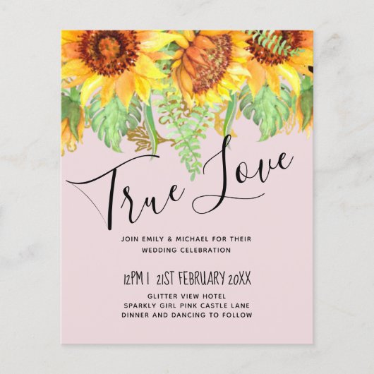 Blozend Roze met Zonnebloemen Trouwbudget (Voorkant)