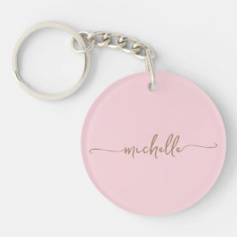 Blozend Roze Minimalistische Gouden Monogram Naam Sleutelhanger