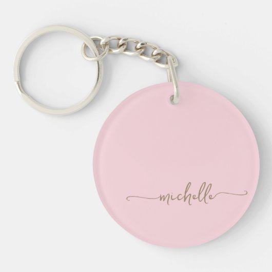 Blozend Roze Minimalistische Gouden Monogram Naam Sleutelhanger (Voorkant)