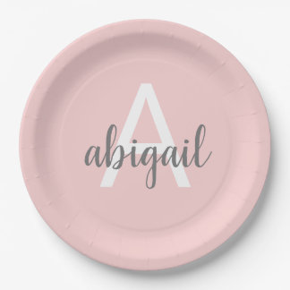 Blozend Roze Modern Grijs Schattig Monogram Papieren Bordje